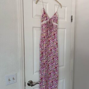 Floral Slip Maxi Dress with Lace Trim - Pink Yellow Green